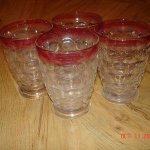 Vintage Federal Glass Ruby Red Thumbprint Juice Glasses Set of 4